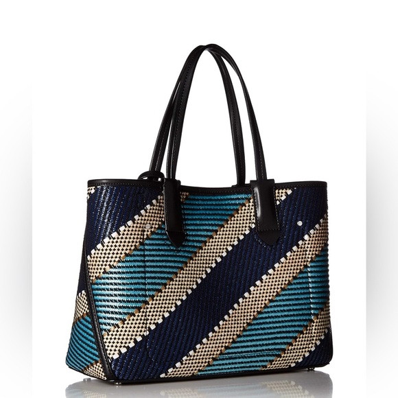 CALVIN KLEIN Jacky Raffia Straw Slouchy Tote Blue Gold Multi Bag AUTHENTIC NWT - Picture 1 of 9